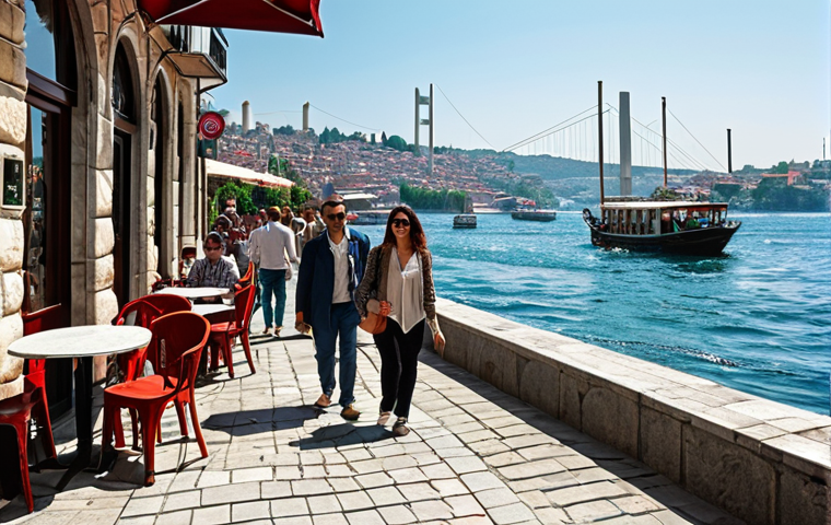 **
Prompt: "A bright, sunny morning in Istanbul. People are walking with sunglasses and light clothes, enjoying the weather at a cafe. The Bosphorus is sparkling in the background. Capture the feeling of a perfect day based on visual cues."
**